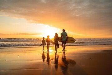 Obraz na płótnie Canvas A family taking surf lessons on a paradise beach with a sunset
