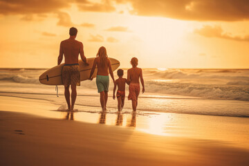 Fototapeta na wymiar A family taking surf lessons on a paradise beach with a sunset