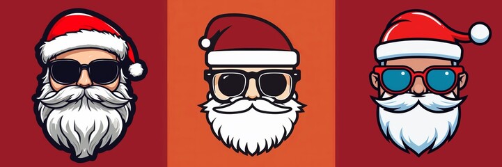 Holiday Christmas / santa claus day symbol with red background - Collection collage set of sticker of cool hipster santa claus or nicholas with sun glasses, illustration vector style (Generative Ai)