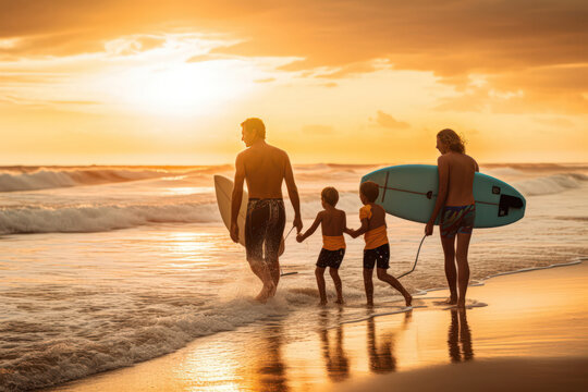 A family taking surf lessons on a paradise  beach with a sunset