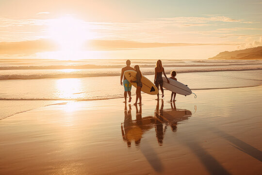 A family taking surf lessons on a paradise  beach with a sunset