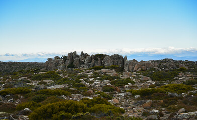 beautiful landscape vista of Mount Wellington tourist landmark in Hobart Tasmania in Australia,  with granite stones and scrubland nature