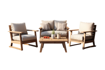 Outdoor wood living set for home design minimalism style. Generative Ai