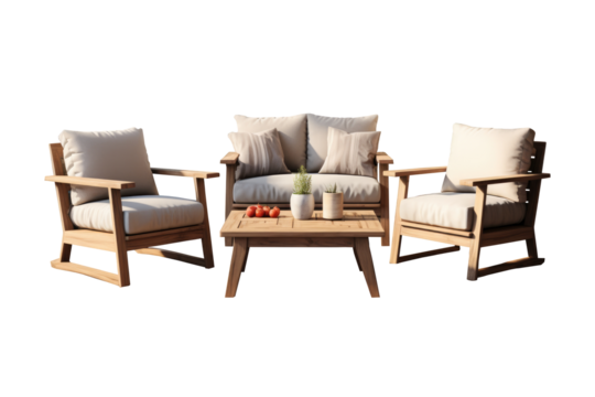 Outdoor wood living set for home design minimalism style. Generative Ai