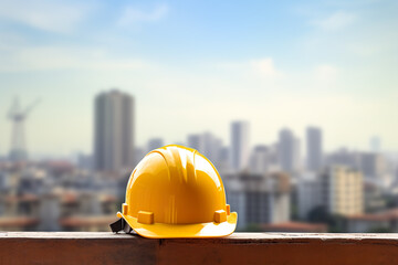 Safety yellow helmet with construction site background