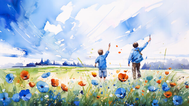 Illustration painting of happy relationship moment with kid or child,friendship or family in colorful flower field blooming.background for book cover.generative ai technology