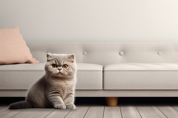 Image of cute scottish fold cat sitting next to the sofa. Pet. animals. Illustration, Generative AI.