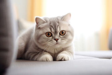 Image of cute scottish fold cat lying on sofa. Pet. animals. Illustration, Generative AI.