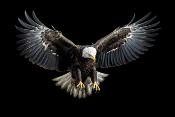 Image of flying eagle on black background. Bird. Wildlife Animals. Illustration, Generative AI.