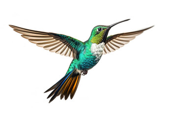 Image of a hummingbird with spread wings in flight on a white background. Wildlife. Bird. Illustration, Generative AI. - obrazy, fototapety, plakaty