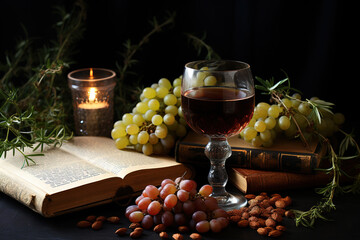 Fototapeta na wymiar Still life with wine, book and grapes on a dark background.