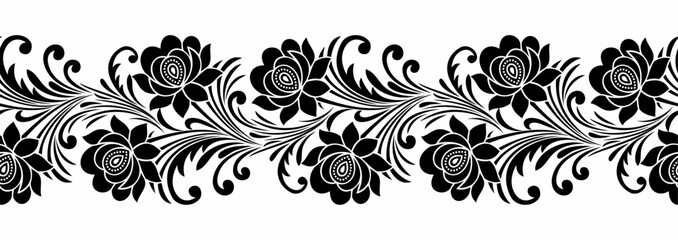 Seamless black and white rose flower border design