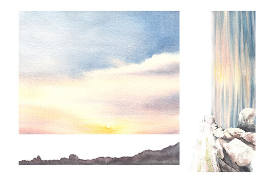  Watercolor landscape illustration set Hand drawn on white background Sunset on the sea with reflection