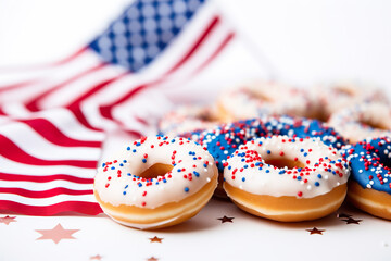 Close up of donuts with american flag on white background.