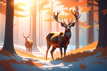 Deer with antlers on sunlight background.
Generative AI