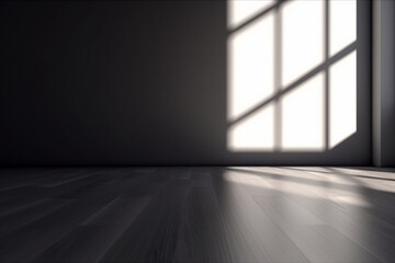 Black wall and smooth floor with beautiful window shadow and sun glare, Universal background for product presentation