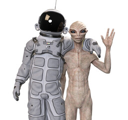 Astronaut and alien on transparent background, 3d render