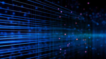 Blue light lines and dots from fiber optic wires on a dark background, computer communications idea background