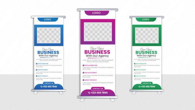 Creative corporate roll-up banner design in rectangular shape layout, geometric triangle, and exhibition ads pull up design x-banner design