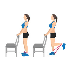 Woman doing standing supported resistance band hamstring curls exercise. Flat vector illustration isolated on white background