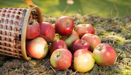fresh apples fallen out of a wooden basket outdoors, Ai Generate 