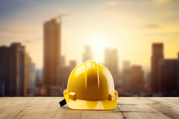 Yellow hard hat on wood table with building background. Construction concept.