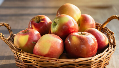 Naklejka na ściany i meble Fresh organic apples in wicker basket on table, Ai Generate 