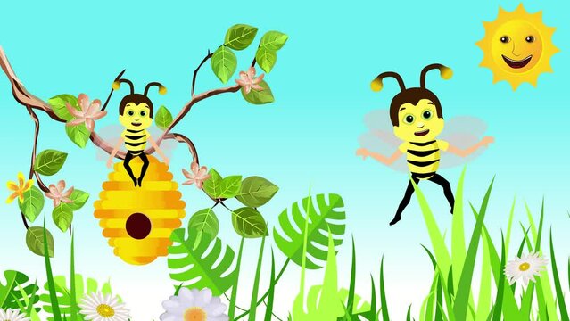 Cute cartoon bees flies above the flowers animation