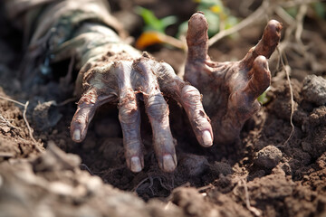 Creepy zombie hands in the ground. Halloween concept. Selective focus
