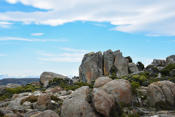 Fototapeta na wymiar beautiful landscape vista of Mount Wellington tourist landmark in Hobart Tasmania in Australia, with granite stones and scrubland nature