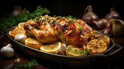 roasted chicken and garlic topped with greens and lemon on a wooden table with blur background