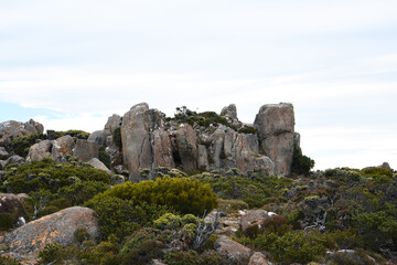 beautiful landscape vista of Mount Wellington tourist landmark in Hobart Tasmania in Australia,  with granite stones and scrubland nature