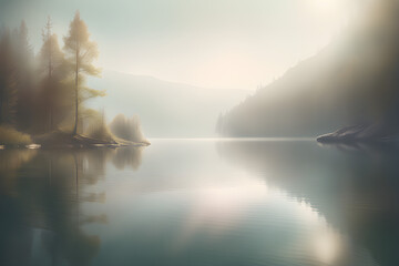 Fototapeta premium misty morning on the lake. Generative AI