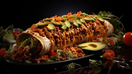 enchiladas stuffed with vegetables and meat with melted mayonnaise on a wooden table