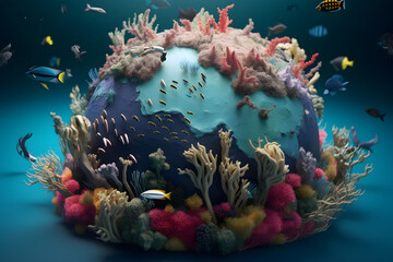 Fototapeta na wymiar A 3D rendering of a miniature Planet Earth with thriving coral reefs and marine life. Conceptual illustration - ocean pollution, overfishing, coral bleaching. Generative AI