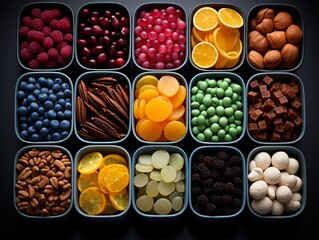 Naklejka premium Chocolate, candy, dobute in a box, food photography, black background. Generative ai