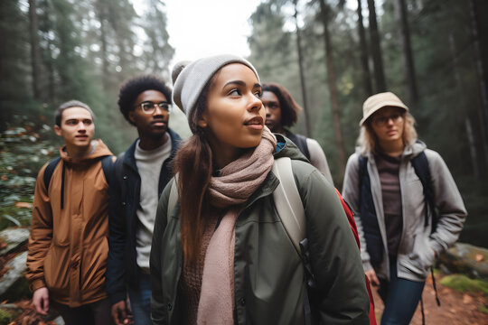 A group of friends from different races and genders enjoying a hike in a national park, appreciating the beauty of nature and the thrill of outdoor adventure. Generative AI