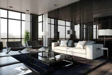 Contemporary living room with a monochromatic color scheme, large glass panels, and sleek furniture. Generative AI