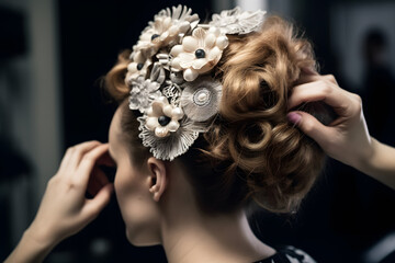 A hairdresser creating an elaborate updo for a special occasion, showcasing their skill in intricate hairstyling. Generative AI