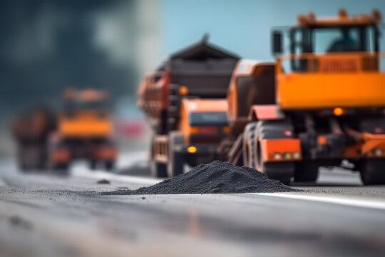 Abstract motion blur shot of a road construction crew laying asphalt, conveying the movement and coordination required in infrastructure development. Generative AI