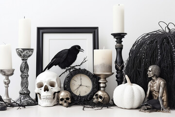 Black and white Halloween-style interior