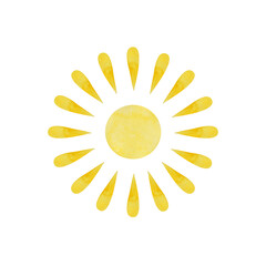 Sun isolated on a transparent background. Yellow watercolor sun clipart. Cute cartoon-style star. Summer object illustration. Simple sun icon. Weather  sign. Tropical doodle symbol.