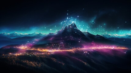 Moutain with glowing line and plexus, technology, network, futuristic. Generative ai