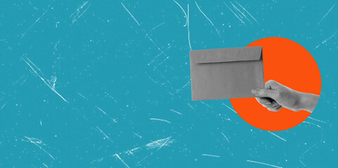 Poster banner collage of a hand holding a new message, hand with envelope.
