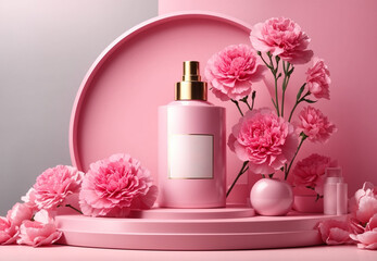 Obraz na płótnie Canvas 3D realistic beauty products presented on a podium with pink carnations and pink circular geometry on a pink pastel background. Mock ups for branding and packaging presentation