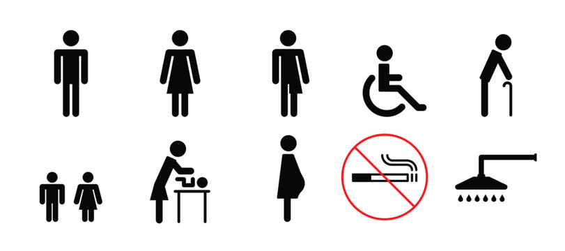 Toilet or WC icon set. Men, women, ladyboys and people with disabilities. Line and solid symbols. New concept art and modern design.