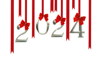 2024 New Year number hanging wirh red ribbons isolated on transparent background, PNG. 