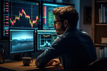 Analys or businessperson in eyeglasses and formal wear working with laptop while sitting in his office in front of computer screens with trading charts. Trading online. Generative Ai.