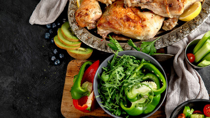Roasted chicken legs with fresh salads.