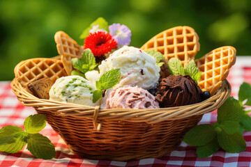 Fototapeta na wymiar Wicker basket full of assorted ice cream on green background
